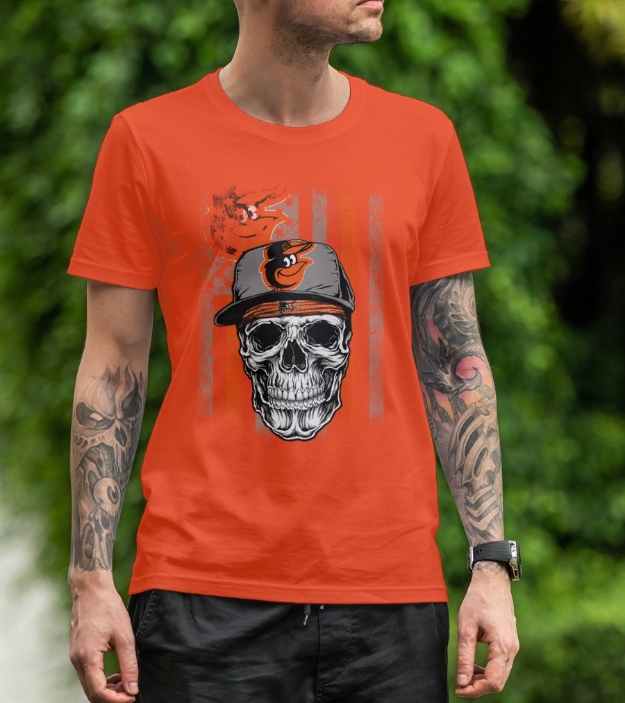 Baltimore Orioles Skull With Cap On Orange T-Shirt