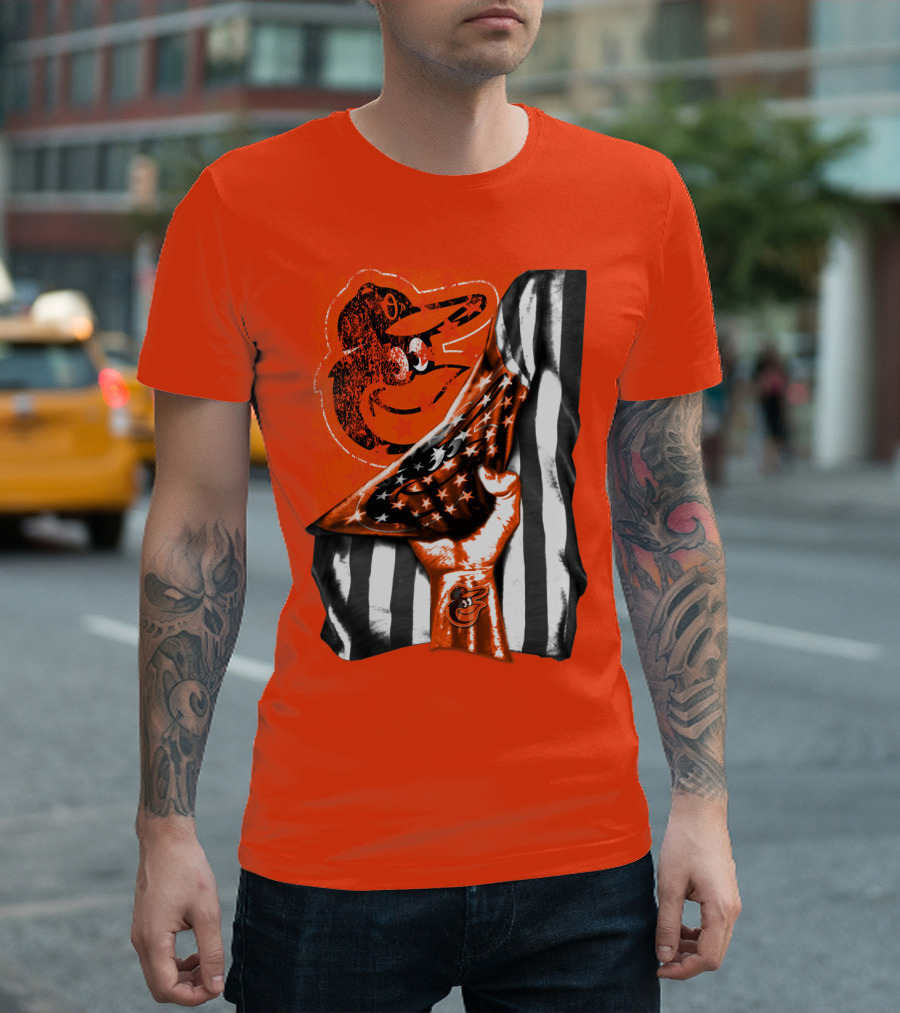 Baltimore Orioles American Flag Fist Logo On Orange T-Shirt