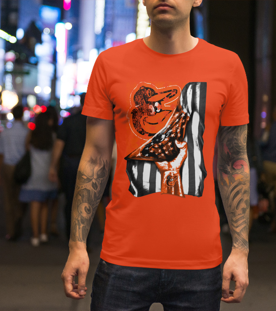 Baltimore Orioles American Flag Fist Logo On Orange T-Shirt