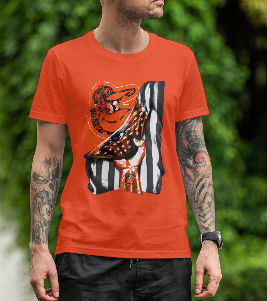 Baltimore Orioles American Flag Fist Logo On Orange T-Shirt