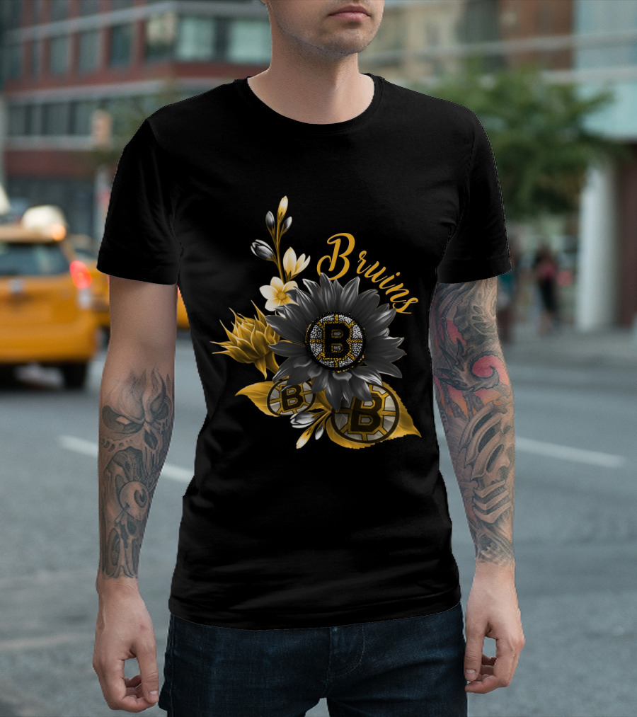 Boston Bruins Floral Logo Design With Yellow Flowers And Black T-Shirt