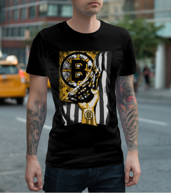 Boston Bruins American Flag Hand Emblem Black And Gold Burst T-Shirt