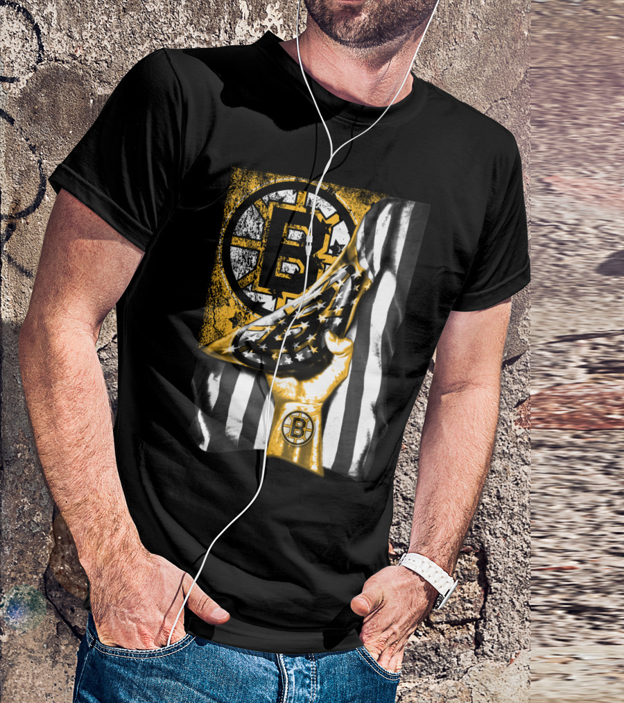 Boston Bruins American Flag Hand Emblem Black And Gold Burst T-Shirt