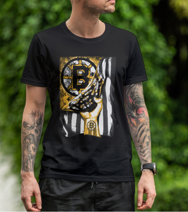 Boston Bruins American Flag Hand Emblem Black And Gold Burst T-Shirt