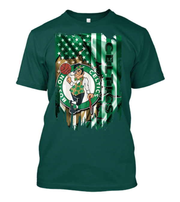 Boston Celtics Shamrock Leprechaun American Flag Basketball T-Shirt