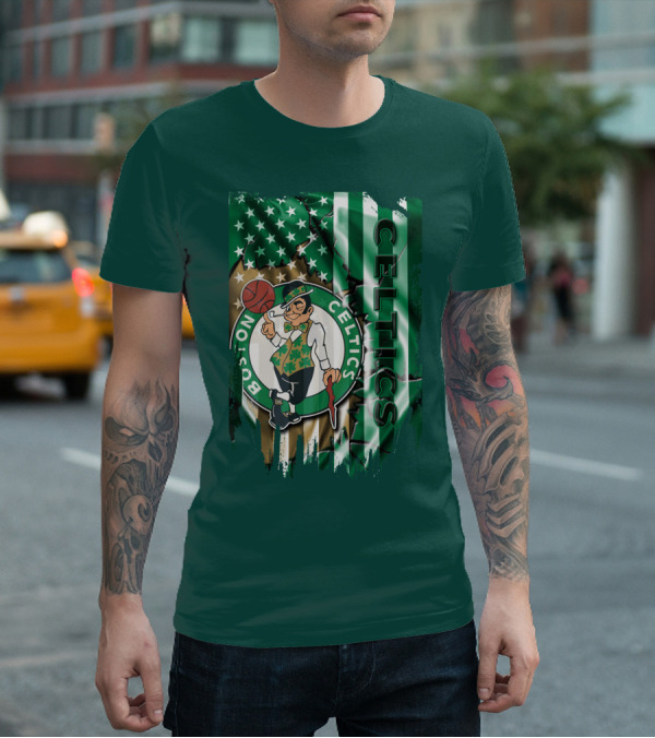 Boston Celtics Shamrock Leprechaun American Flag Basketball T-Shirt