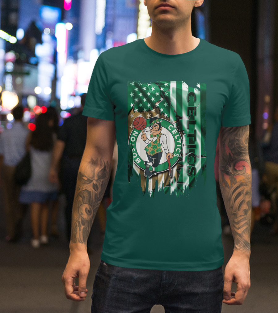 Boston Celtics Shamrock Leprechaun American Flag Basketball T-Shirt