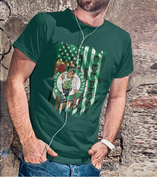 Boston Celtics Shamrock Leprechaun American Flag Basketball T-Shirt