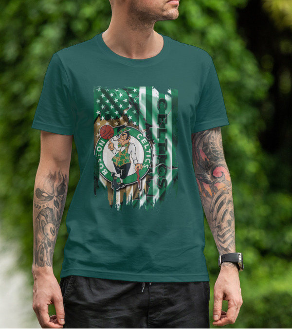 Boston Celtics Shamrock Leprechaun American Flag Basketball T-Shirt