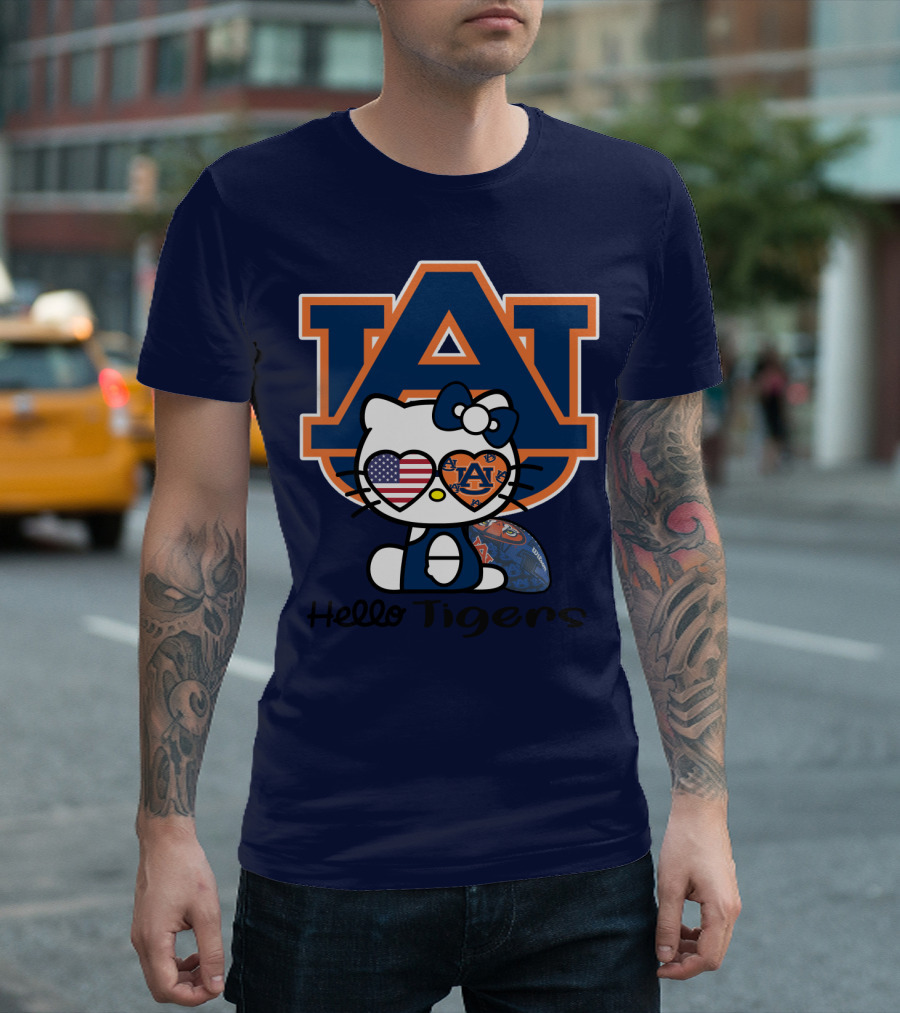 Hello Tigers Auburn Kitty Football American Flag T-Shirt