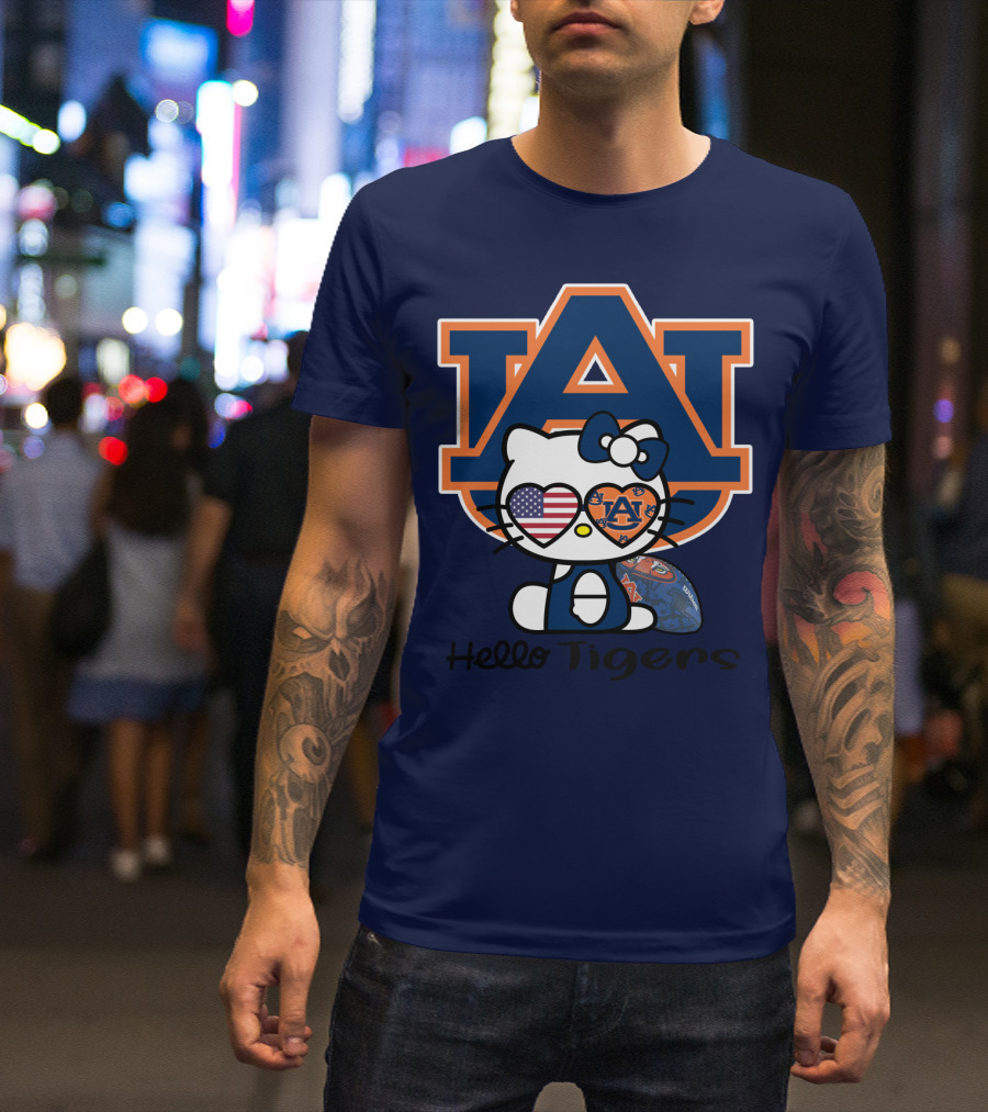Hello Tigers Auburn Kitty Football American Flag T-Shirt