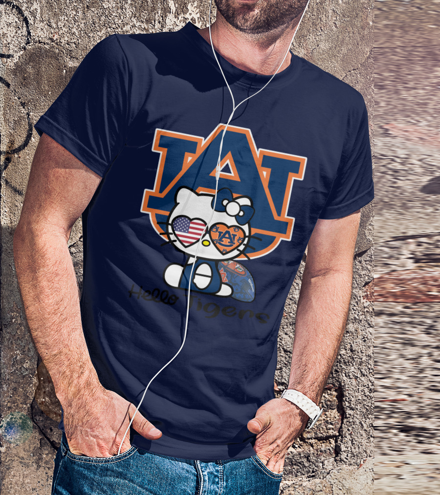 Hello Tigers Auburn Kitty Football American Flag T-Shirt