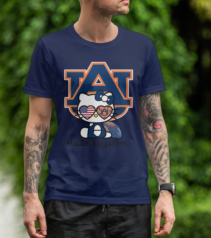 Hello Tigers Auburn Kitty Football American Flag T-Shirt