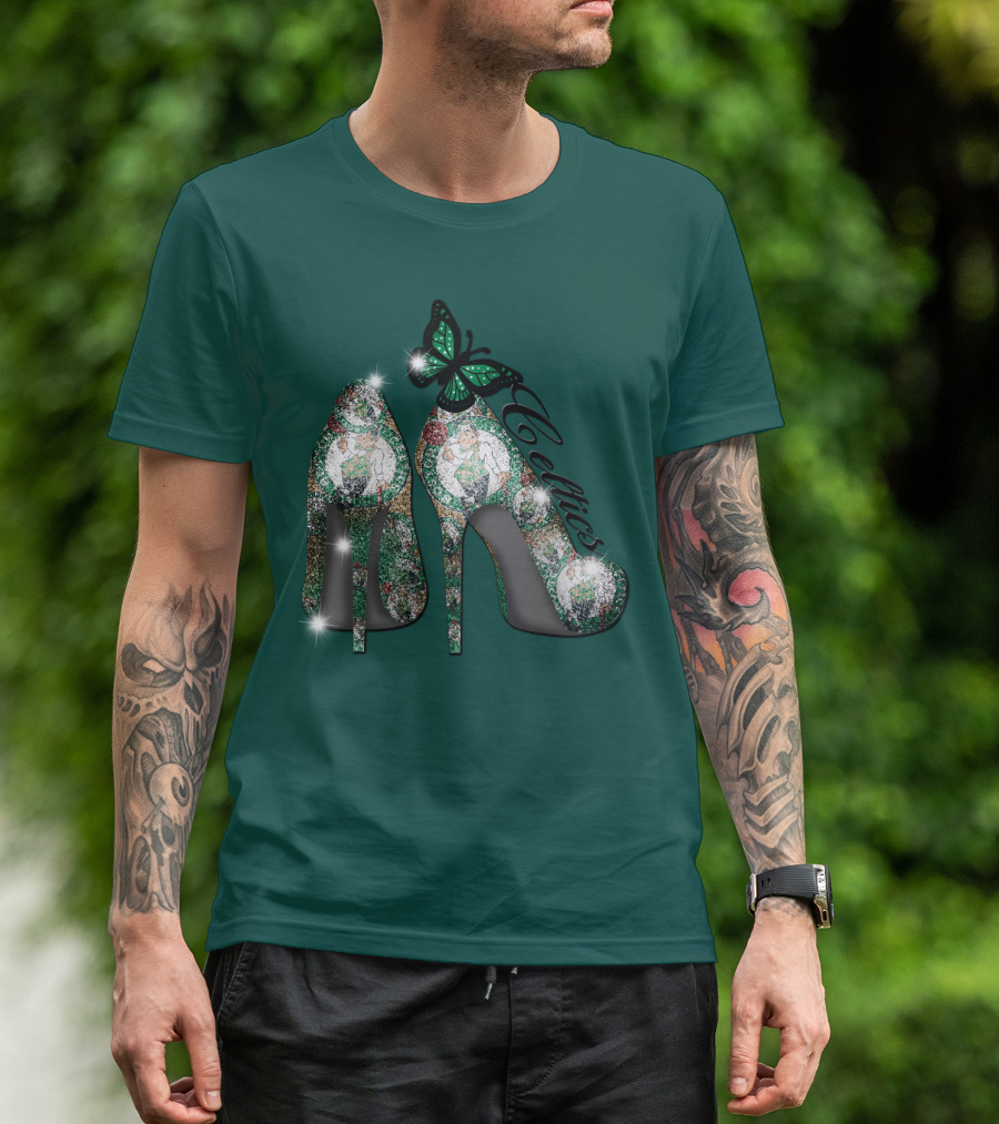 Boston Celtics High Heels With Green Butterfly Sparkle T-Shirt