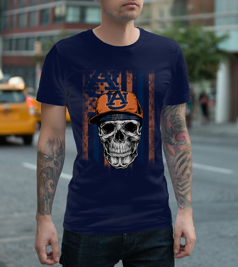 Auburn Tigers Skull With Hat And Striped T-Shirt