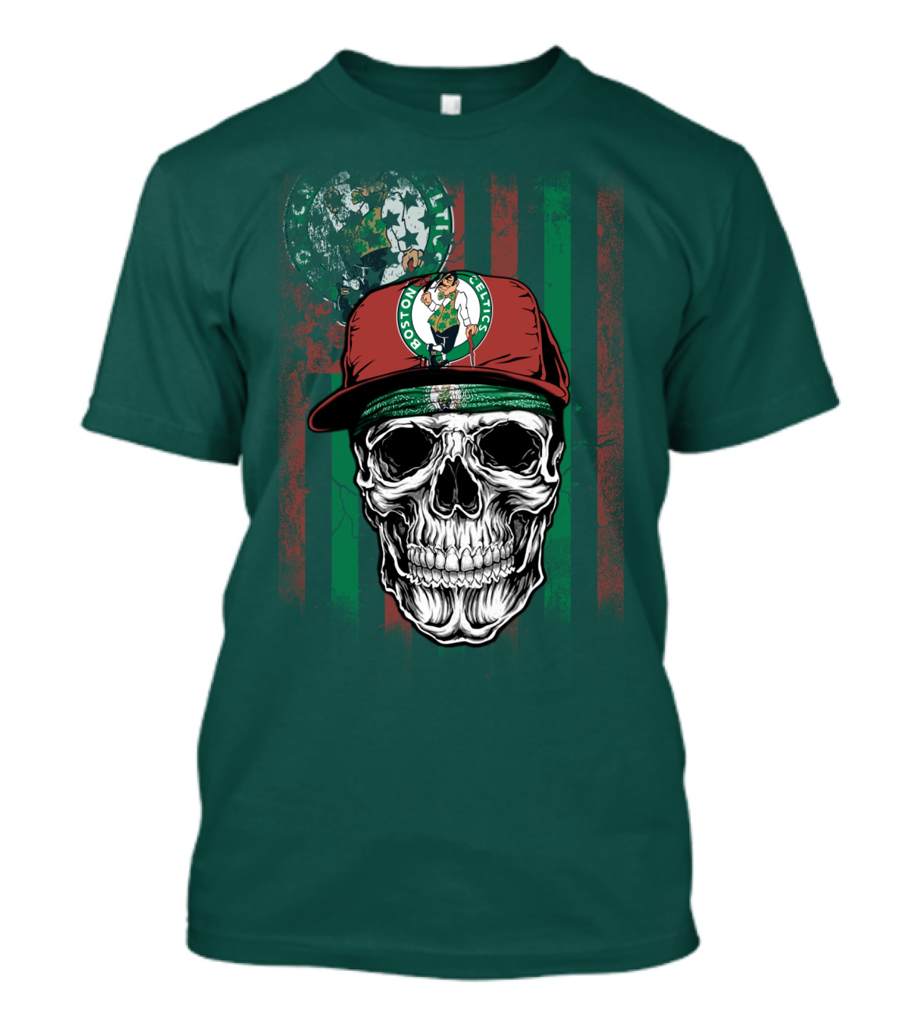 Boston Celtics Skull With Cap And Stripes T-Shirt