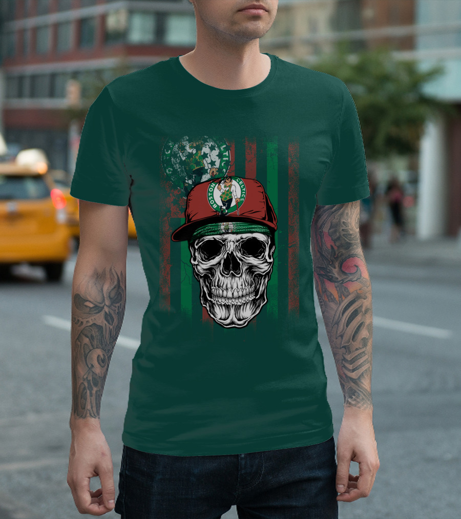 Boston Celtics Skull With Cap And Stripes T-Shirt