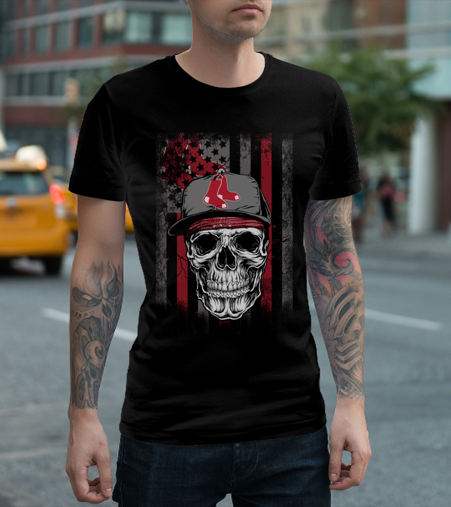Boston Red Sox Skull With Cap And Stars And Stripes T-Shirt