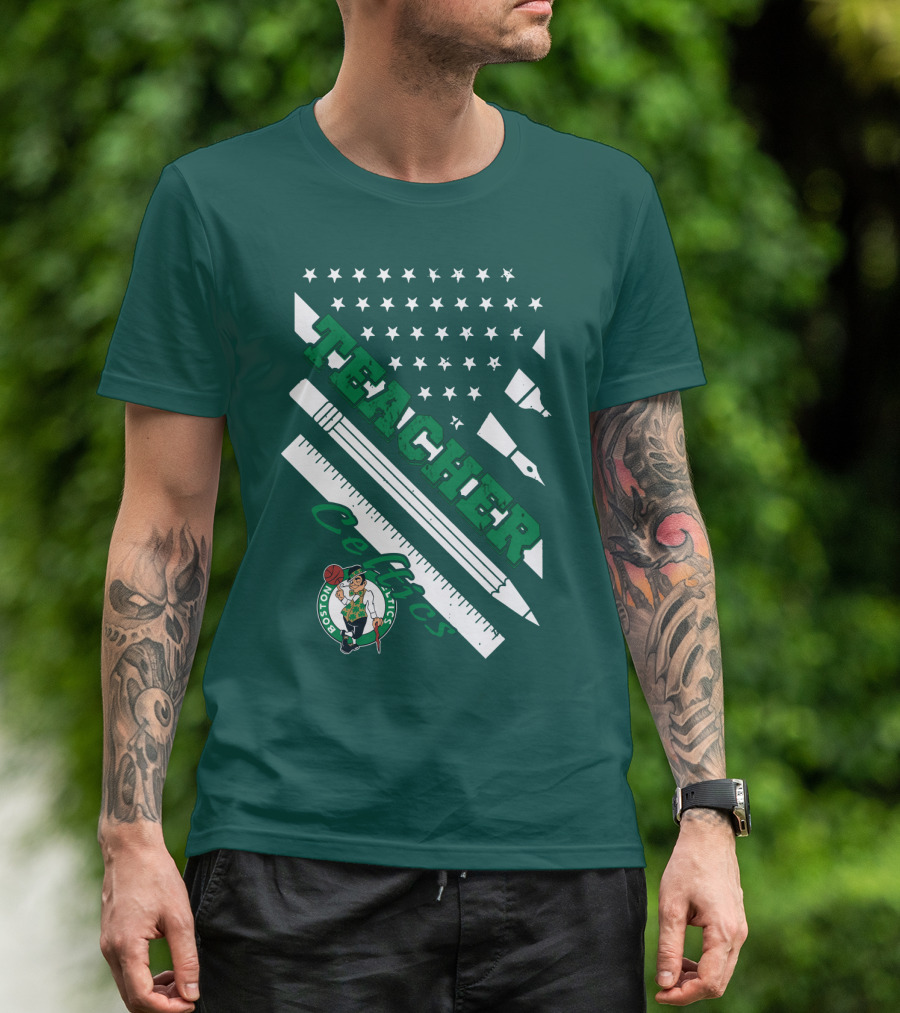 Boston Celtics Teacher Stars And Stripes Pencil Ruler T-Shirt