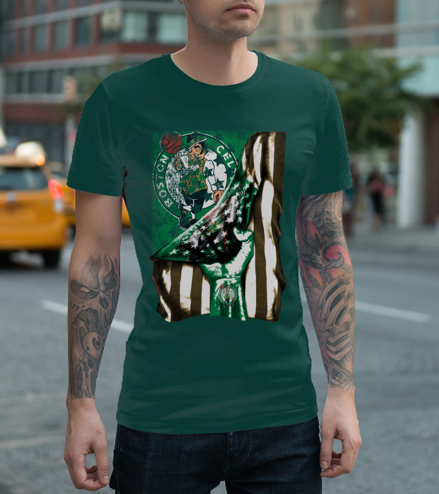 Boston Celtics Hand Lifting Flag With Lucky The Leprechaun And Basketball T-Shirt