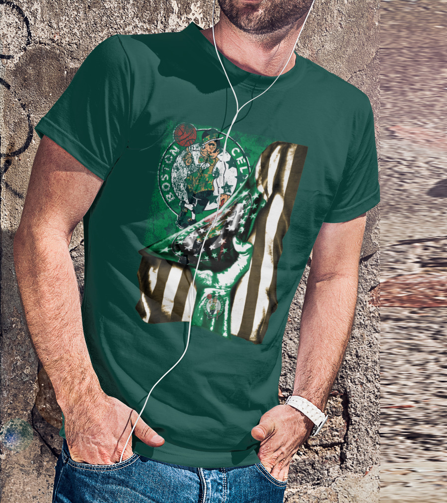 Boston Celtics Hand Lifting Flag With Lucky The Leprechaun And Basketball T-Shirt