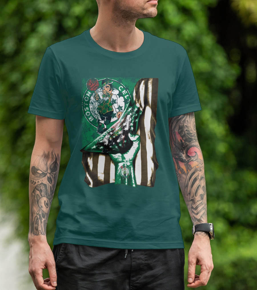 Boston Celtics Hand Lifting Flag With Lucky The Leprechaun And Basketball T-Shirt