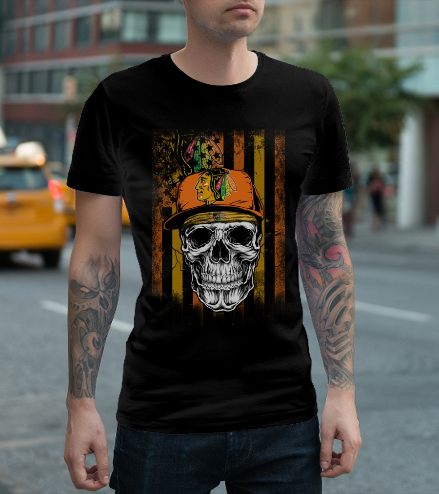 Chicago Blackhawks Skull With Hat And Feathered T-Shirt