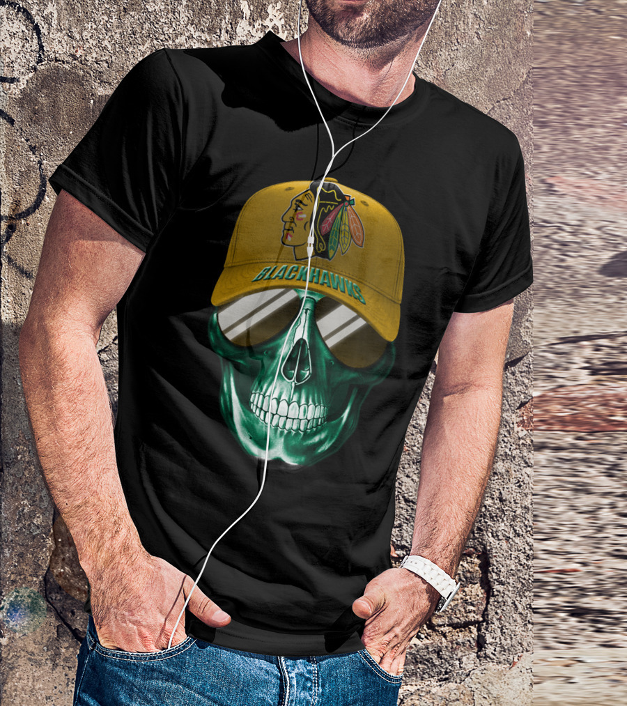 Chicago Blackhawks Skull With Iconic Logo And Cap T-Shirt