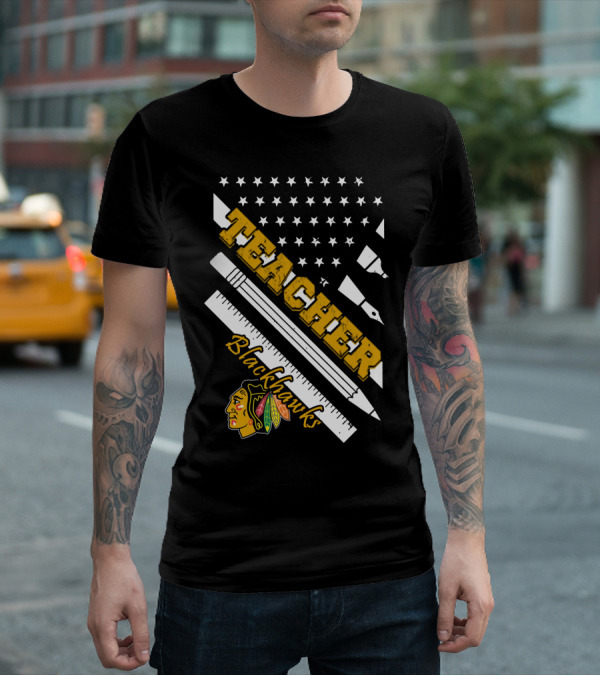 Blackhawks Teacher Usa Flag Pencil Ruler T-Shirt