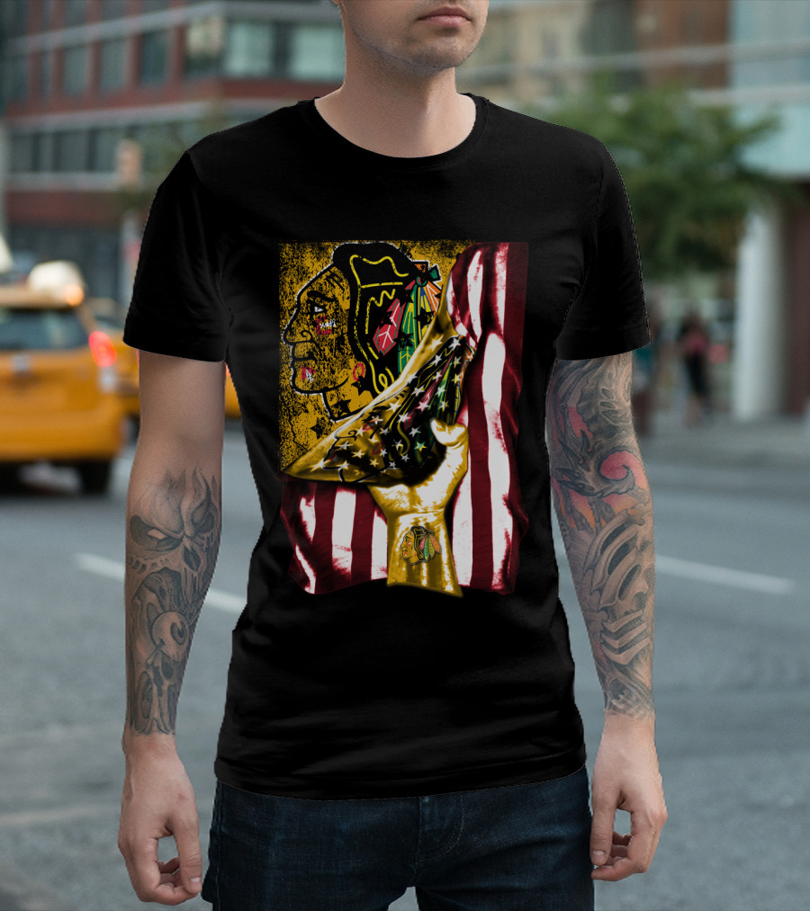 Chicago Blackhawks American Flag Hand Pulling Stars And Stripes With Team T-Shirt