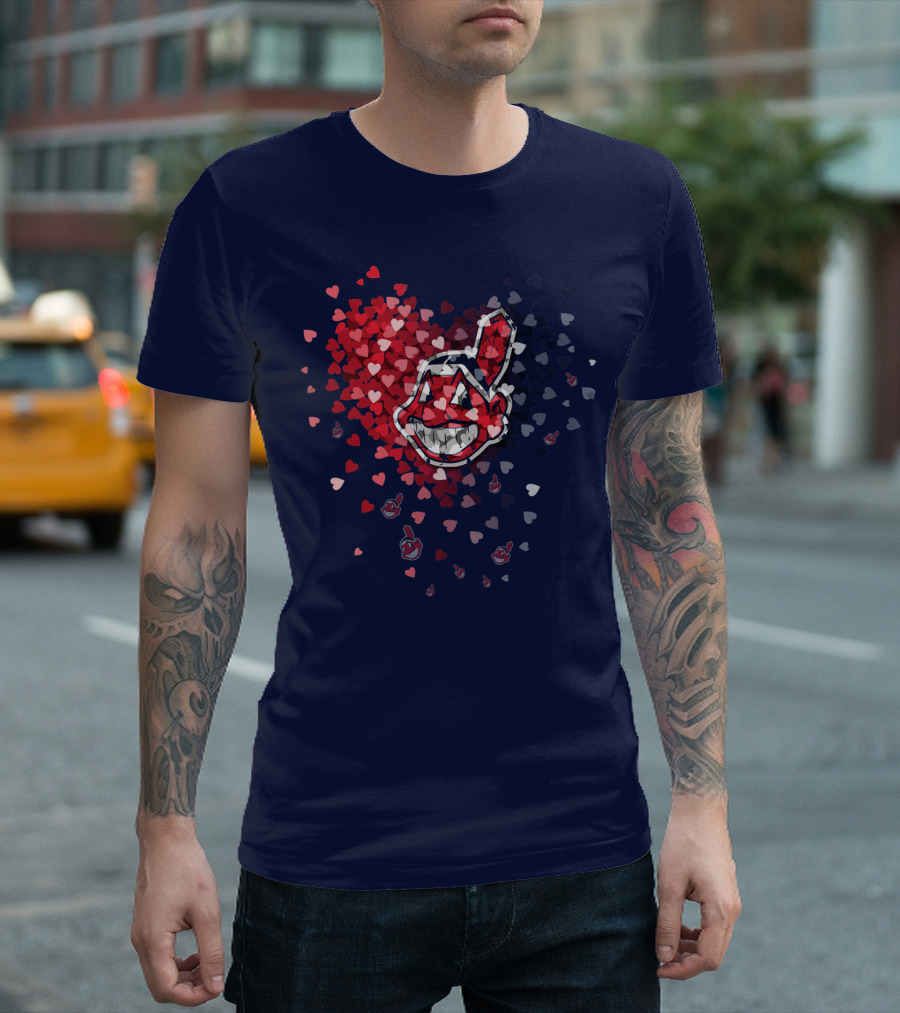 Cleveland Indians Heart Logo With Feathered Chief Wahoo In Blue And Red T-Shirt