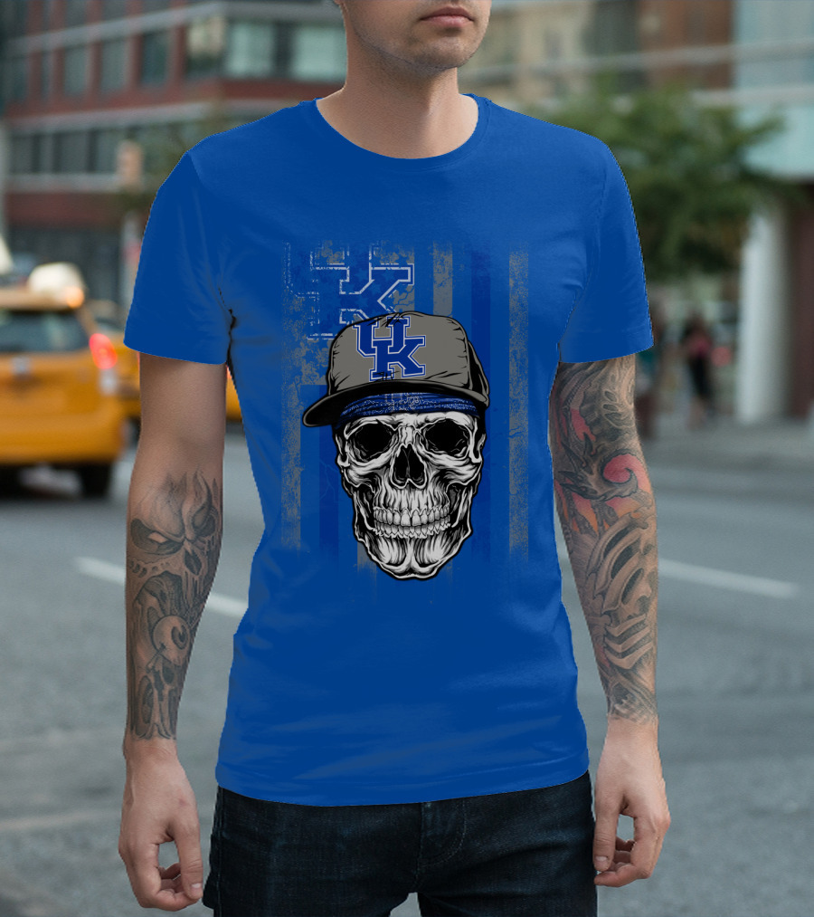 Kentucky Wildcats Skull With Uk Logo Hat On Grunge Blue T-Shirt