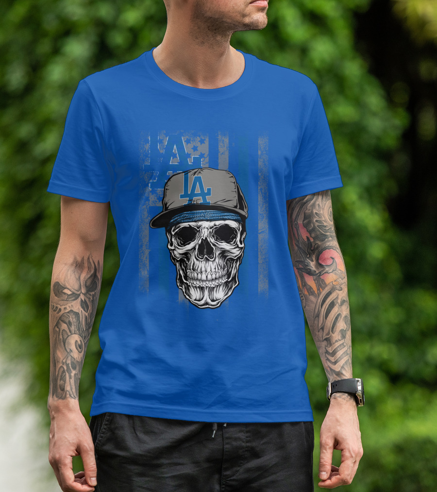 Los Angeles Dodgers Skull With La Cap And Stars T-Shirt