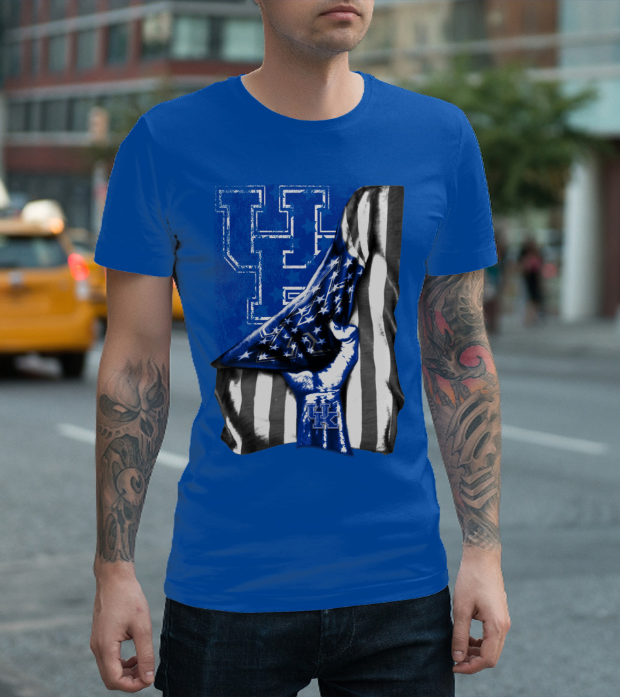 Kentucky Wildcats U.s. Flag Blue And White Logo Fusion T-Shirt