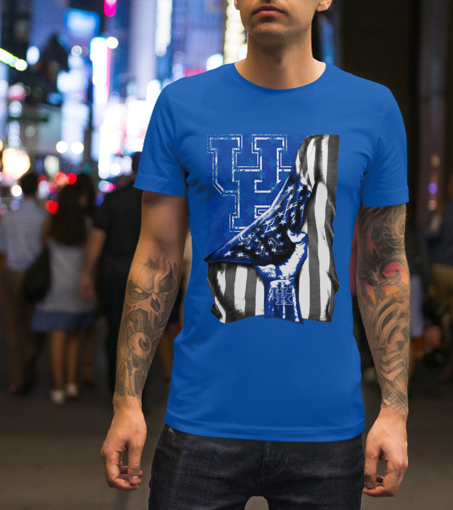 Kentucky Wildcats U.s. Flag Blue And White Logo Fusion T-Shirt