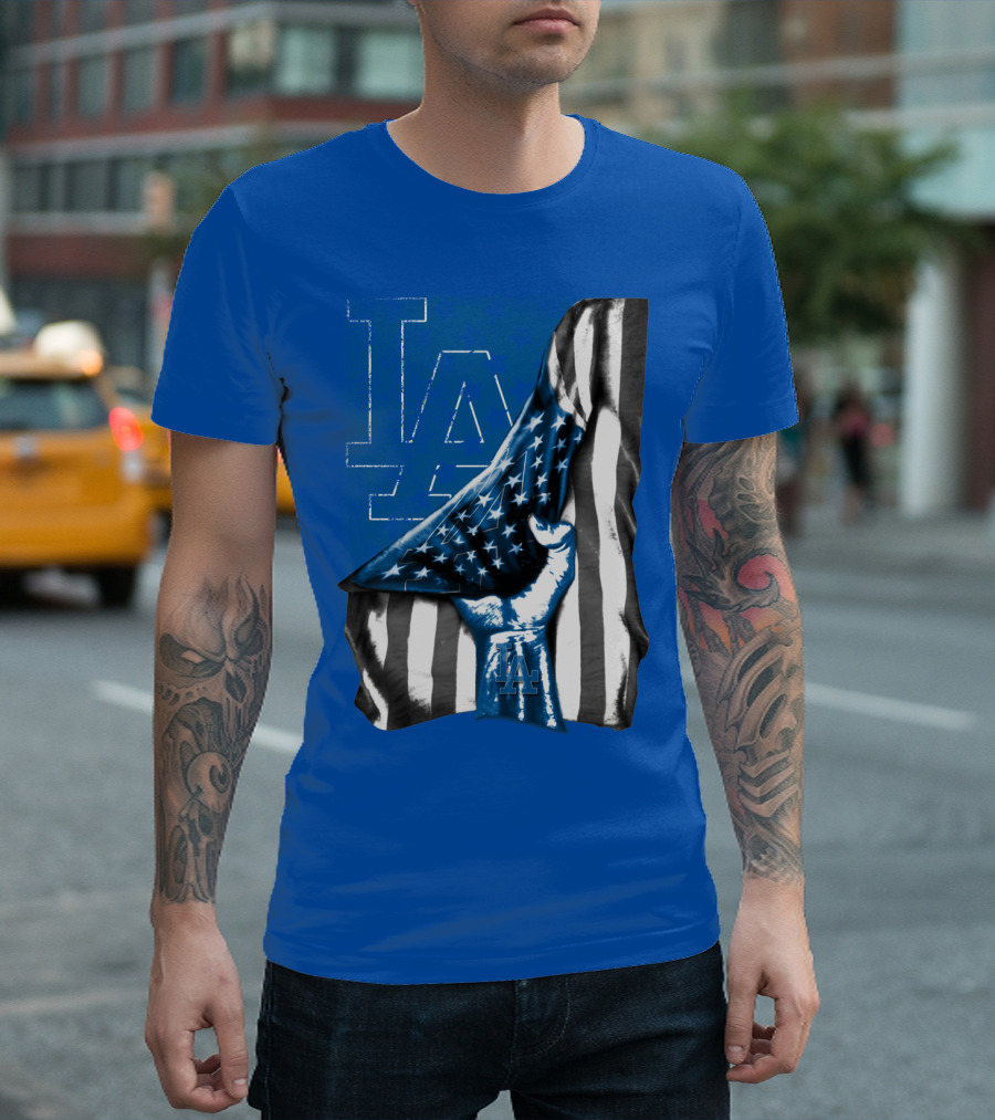 Los Angeles Dodgers La Logo American Flag Fist T-Shirt