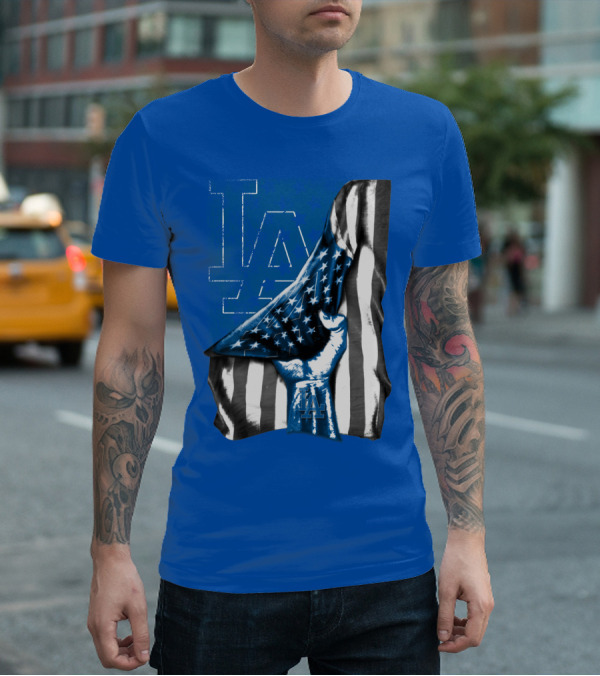 Los Angeles Dodgers La Logo American Flag Fist T-Shirt