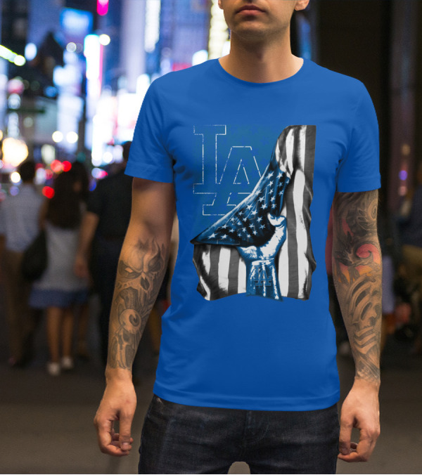 Los Angeles Dodgers La Logo American Flag Fist T-Shirt