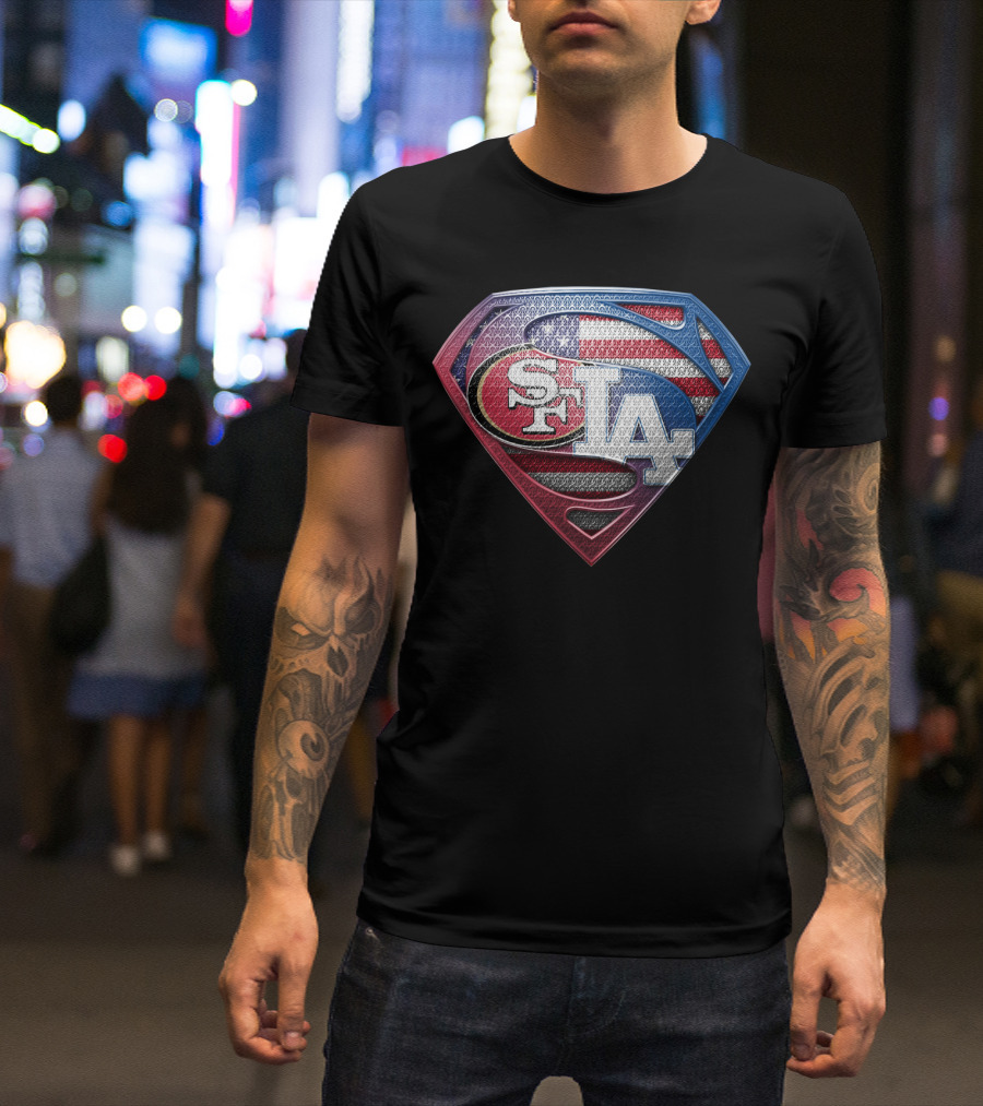 San Francisco 49ers Los Angeles Dodgers American Flag Superman T-Shirt