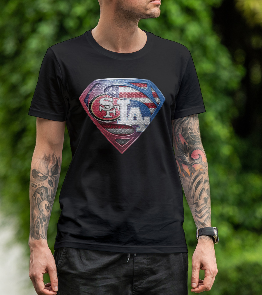 San Francisco 49ers Los Angeles Dodgers American Flag Superman T-Shirt