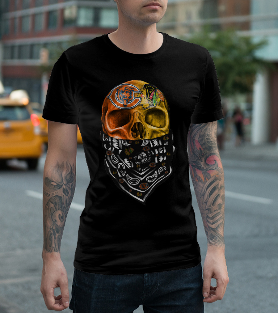 Chicago Bears And Blackhawks Skull Bandana T-Shirt