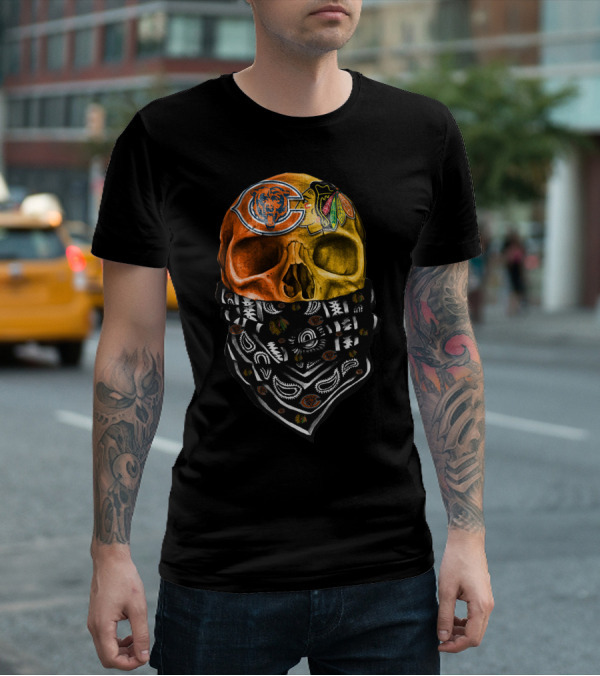Chicago Bears And Blackhawks Skull Bandana T-Shirt
