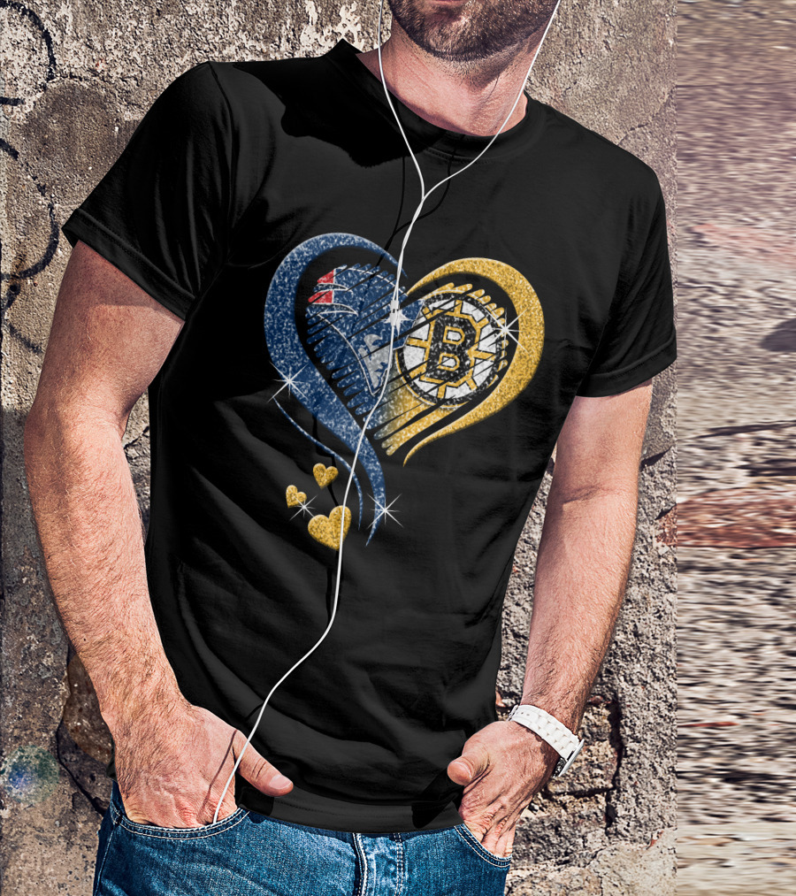 New England Patriots Boston Bruins Heart Design T-Shirt
