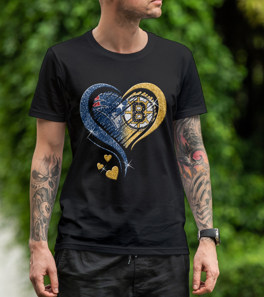 New England Patriots Boston Bruins Heart Design T-Shirt
