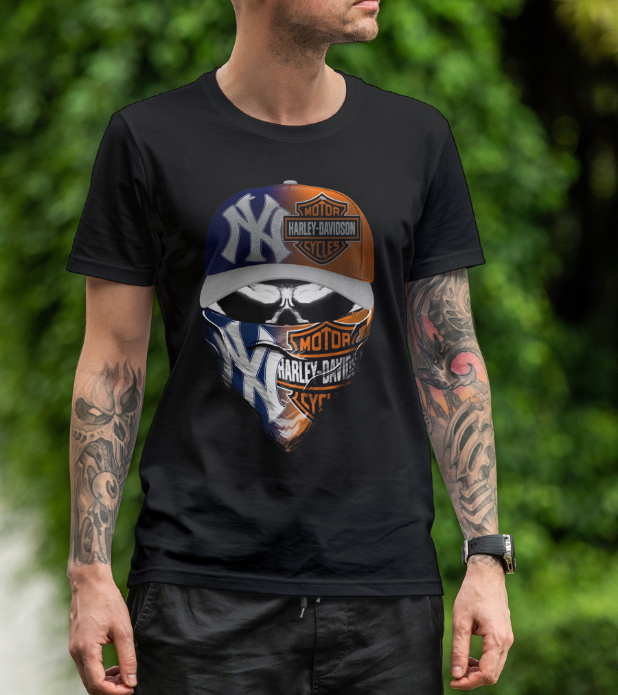 New York Yankees Harley Davidson Motorcycles Skull Mask Hat T-Shirt