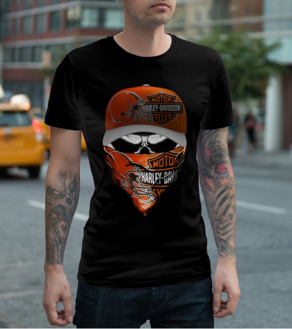 Harley Davidson Motorcycles Cleveland Browns Skull Cap And Bandana T-Shirt
