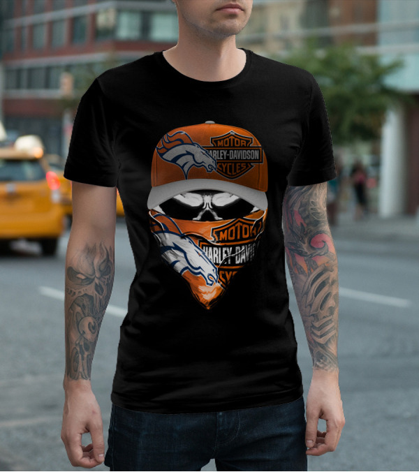 Denver Broncos Harley Davidson Motorcycle Skull Fusion T-Shirt