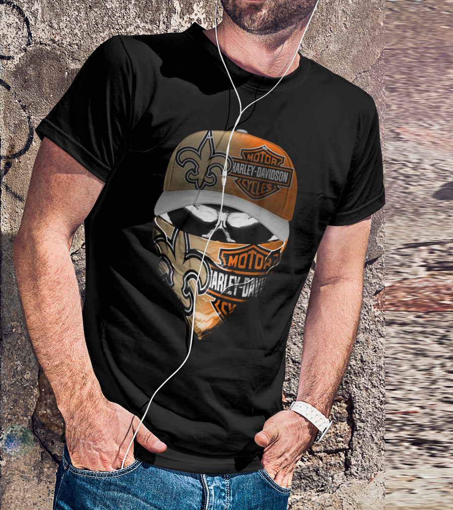 Harley Davidson New Orleans Saints Fleur-De-Lis Skull Mask Hat T-Shirt