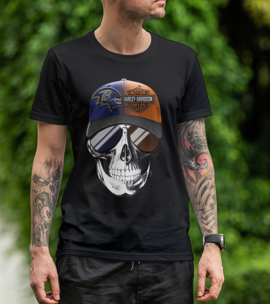 Baltimore Ravens Harley Davidson Skull Cap T-Shirt