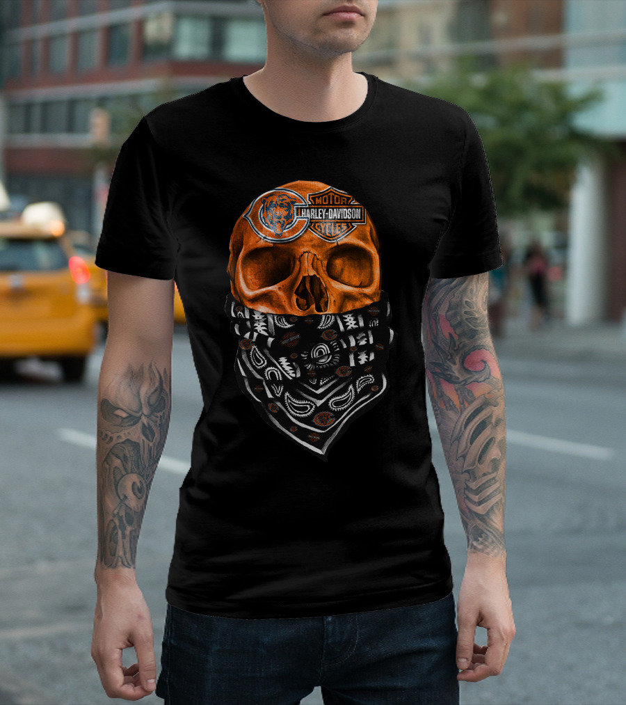 Harley Davidson Motorcycles Skull With Chicago Bears Logo Bandana T-Shirt